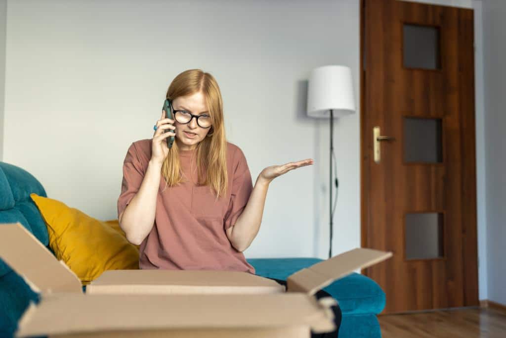 Dissatisfied woman talking to a customer service representative